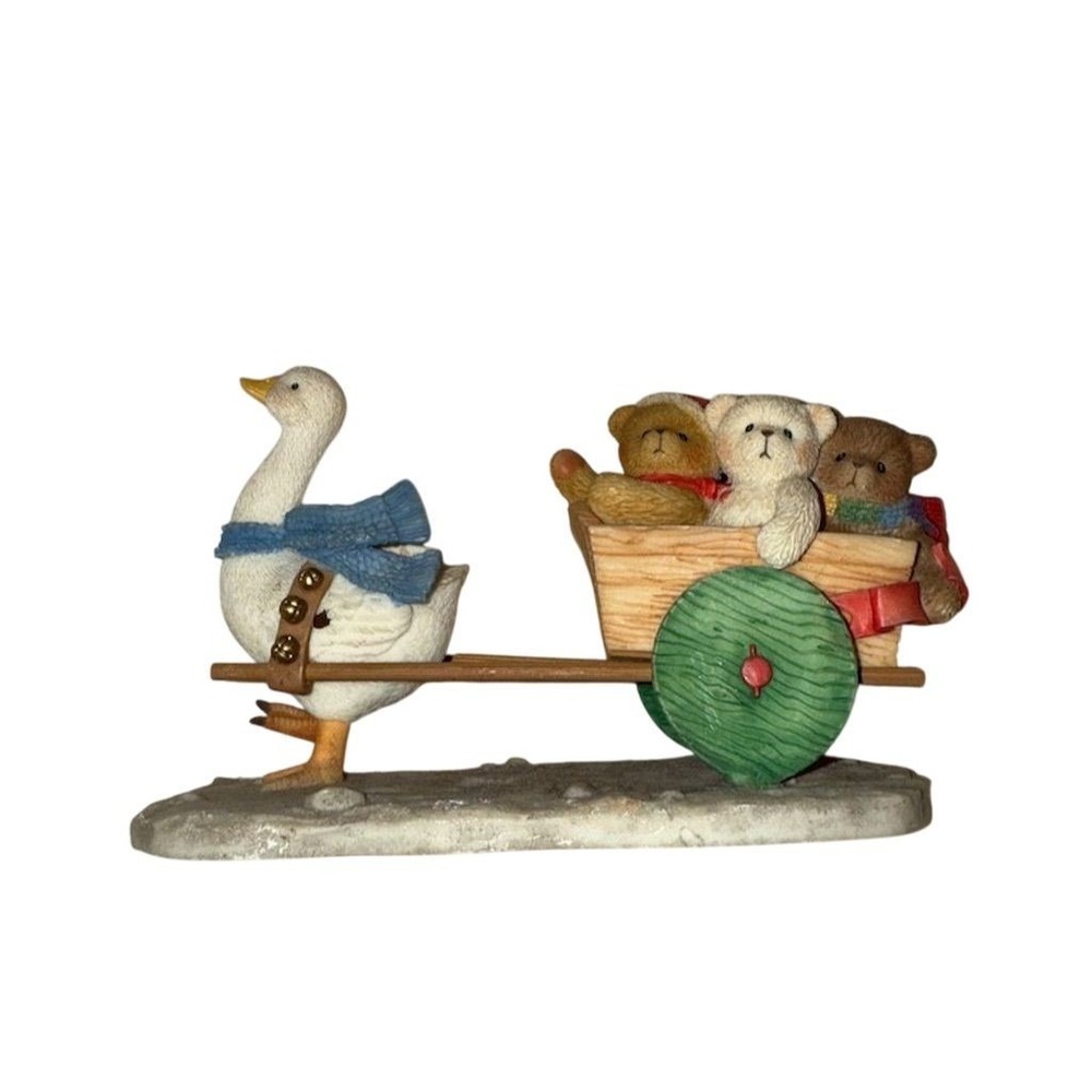 Cherished Teddies "Carter and Friends" Goose Cart Figurine Multicolor